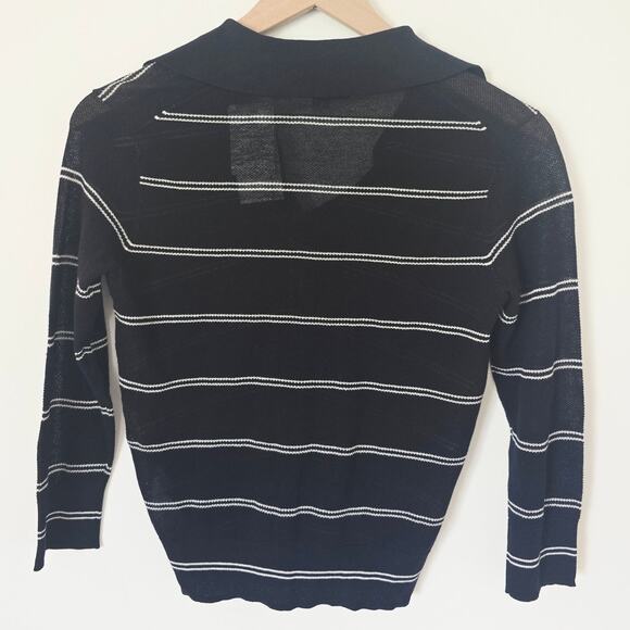 Vince Striped Navy White Italian Cotton Piqué Polo Top Sz XS Long Sleeve NWT - Picture 6 of 6